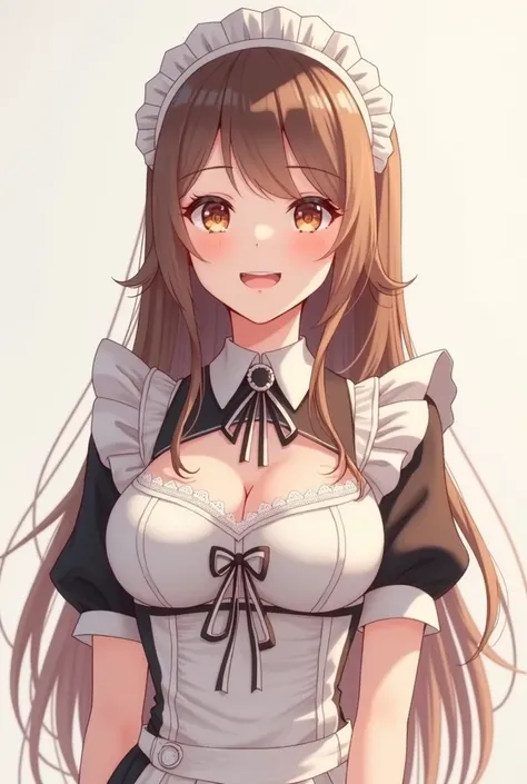 Anime,long brown hair,maid,open mouth,sweeted,very very big breast,focusing on face