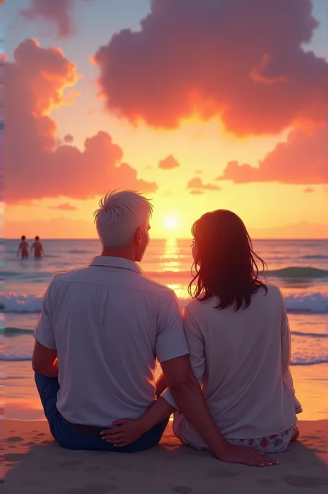 A album cover of a sitting at the beach smiling man holding on to a woman and while they watch the sea. Sun set