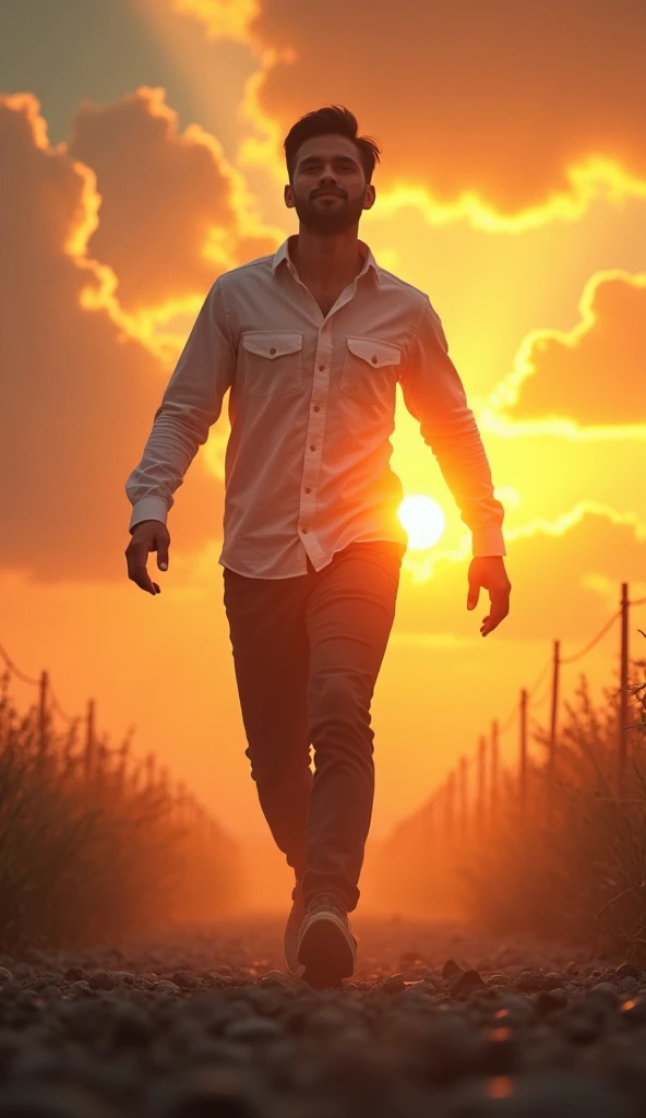 Create an image of a person confidently walking forward, with a powerful, hopeful expression. The background shows a sunrise or bright light breaking through clouds, symbolizing a promising future and endless possibilities. The words Qadam Barhao are faint...