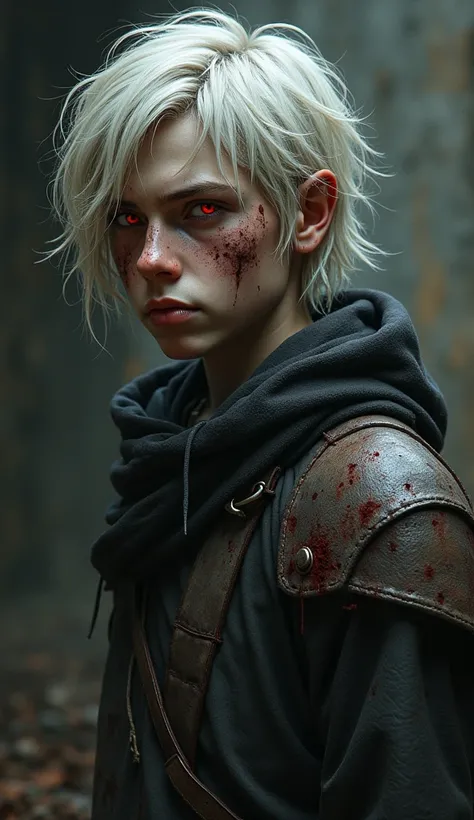 dark medival theme, a young 20 year old boy with messy long white hair and narrowed red eyes, wearing dirty leather clothes covered with bruises and blood