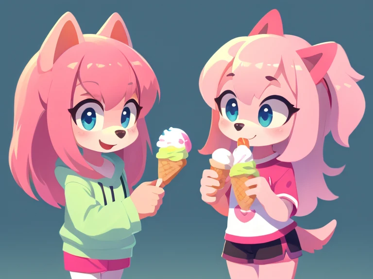 Two furry girls, a cute pink dog with shiny hair, plain clothes, a nice background, high quality, a masterpiece holding ice cream. 