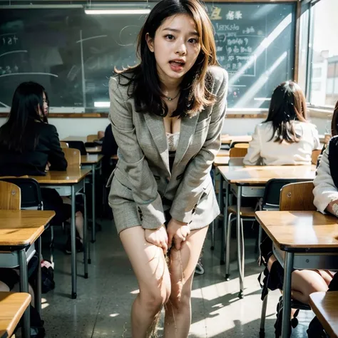    A female teacher is peeing in front of a blackboard during class、Female teacher urinates in front of many students、 A female teacher is standing in the middle of a group of students 、Massive amounts of pee wet female teachers lower body and floor 、Stude...