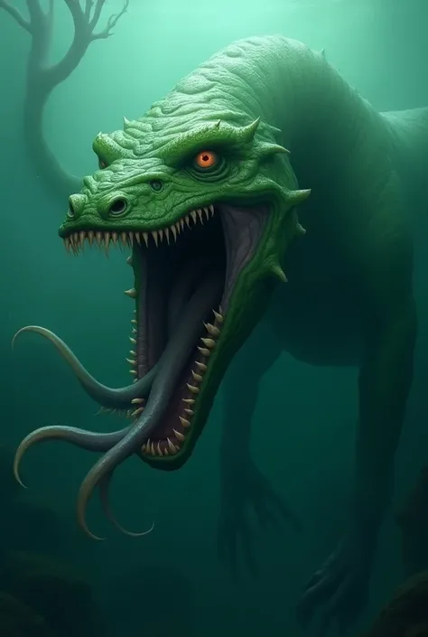 a close up of a green monster with a big mouth, lovecraftian sea creature, serpentine water monster, scary sea monster, underwater sea monster, ocean giant creature bloop, aquatic creature, sea monster, dnd triton, lovecraftian creature, lovecraftian monst...