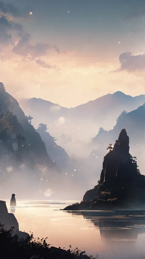 The character gazes at the water with a dreamy expression, as if lost in thought. The background is softer, with mist and faint silhouettes of distant figures in the mountains.