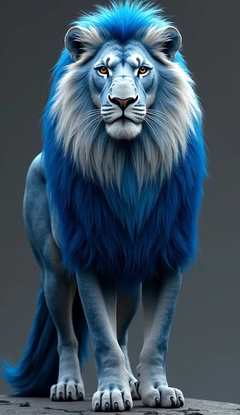 A lion with shades of blue, black, and white inspired by a bluejay. Its mane could have bright blue and white patterns, and its body could have subtle striping or banding to match.