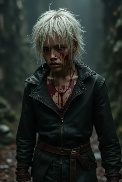 dark medival theme, a younf 20 year old boy with messy long white hair and red eyes, wearing dirty leather clothes covered in blood and bruises 