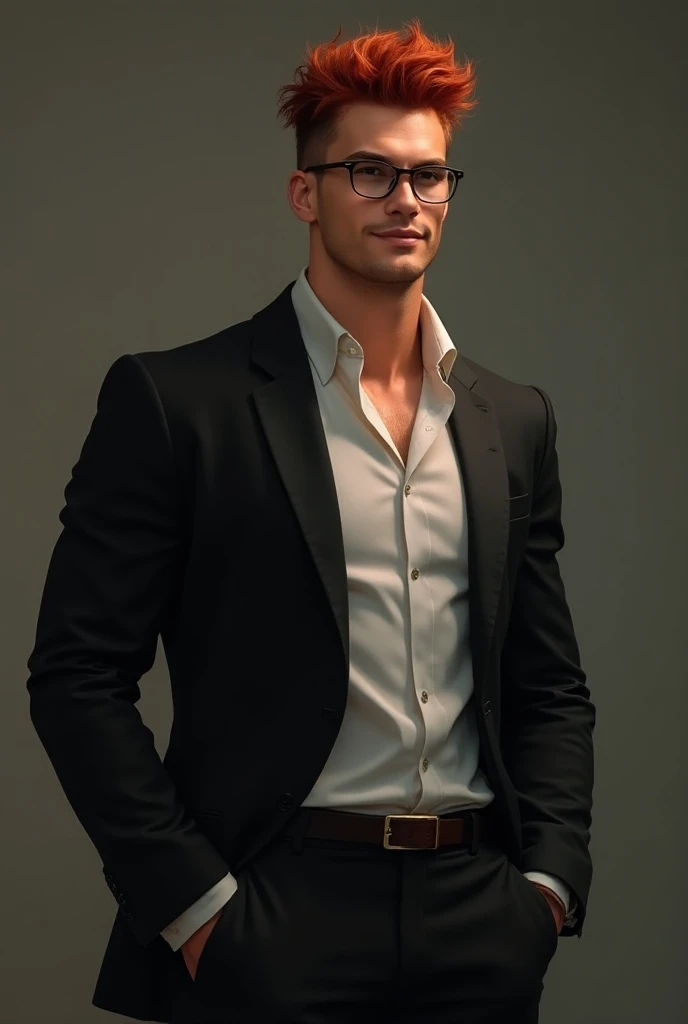 Homme portant des lunettes. Grand, musclé, fit. Style vestimentaire travaillé et original. Du charme, du charisme. Joli sourire. Cheveux roux bouclés, coupe de cheveux originale.