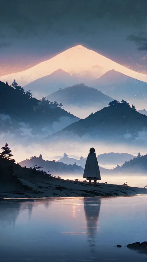 The character stands with eyes closed, hands in pockets, in a serene mountain landscape at dawn. The surroundings are peaceful, with faint fog over the water, conveying a sense of solitude and melancholy.