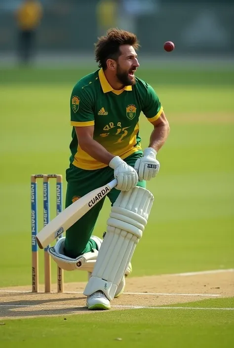 messi playing cricket on cricket pitch. wearing South Africa jersey 2024 t20