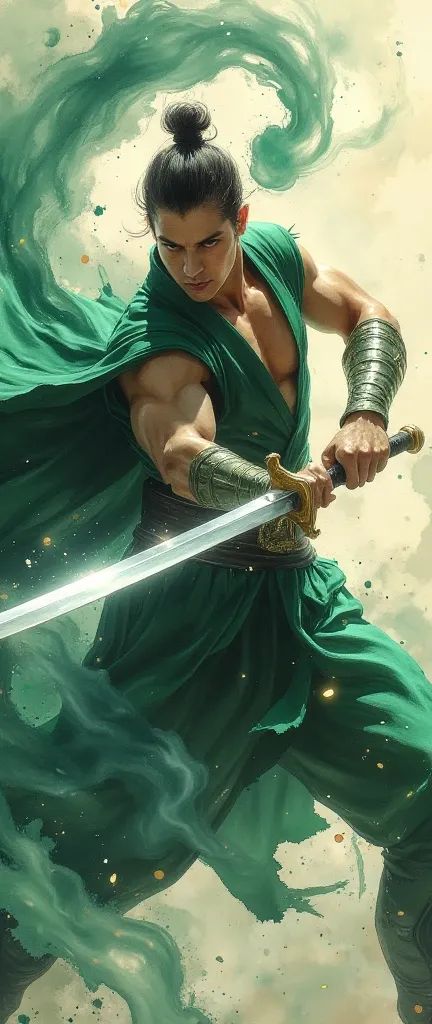 (masterpiece:1.2,exceptional quality,Mirror finish,  cinematic experience  ,  best illustration ,Super detailed),8k,wallpaper,(Watercolor),Sword,male warrior,(Muscular Chest:2.0),(Slash:2.0),(Express the trajectory of a sword with a green curved wind:2.0),...