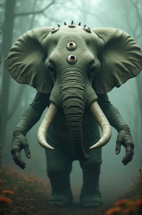 A green being whose skin is made of eyes half open with elephant tusks