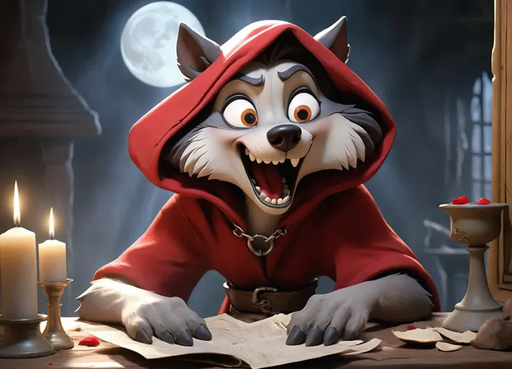 Red Riding Hood leans into the mirror, eyes wide with a mix of shock and unexpected, instinctual excitement as she examines her newly sharp, wolf-like teeth. The moonlight streaming through an open window casts the room in a silvery glow, illuminating the ...