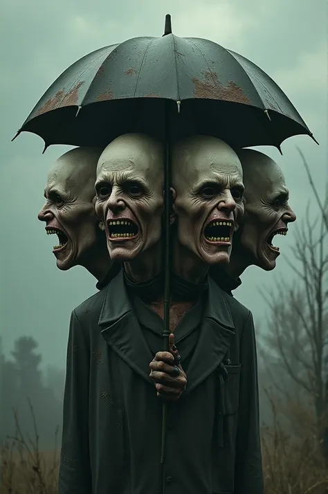 Best image quality, masterpiece, multiple human heads attached to one umbrella-like shape, crying expression, detailed skin expression, detailed image texture, cruel, grotesque, horror, gloomy atmosphere, (not AI image), cloudy weather