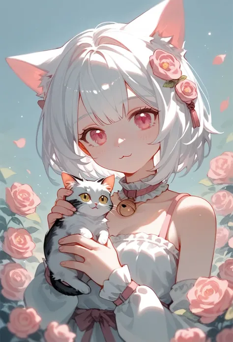 (score_9,score_8_comfort,score_7_comfort),1 woman,cat girl, white hair,pink eyes,cat ears,cat&#39;s tail,,Beautiful_face, hand turned into a cat &#39;paw,  naked chest,  naked nipples  , exposed pussy,  Love juice flows out of pussy ,  Love juice spread ac...