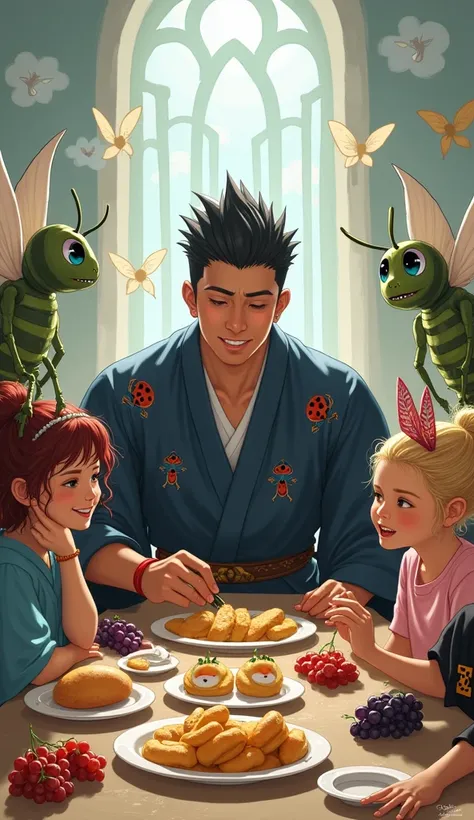  Light-skinned Asian young man with spiked hair wearing dark blue kimono with insect designs sitting in the center of a large table ,  with an aquatic girl with wet blue skin laughing with sharp teeth ,  a large muscular man wearing green grasshopper armor...