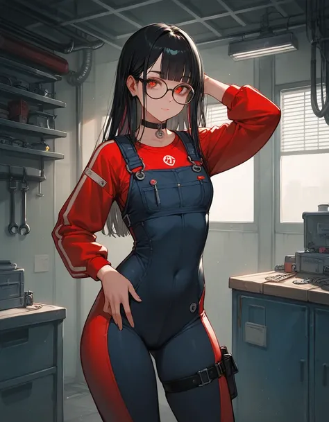 close up, score_9, score_8_up, score_7_up, 1girl, wide hips, blunt bangs, black hair, long hair, legs, red eyes, ((((pose)))), hips, hands, fingers, steam punk glasses, ((diving suit)), Anatomically correct, thigh straps, (round highlights), (nipples:0.6),...