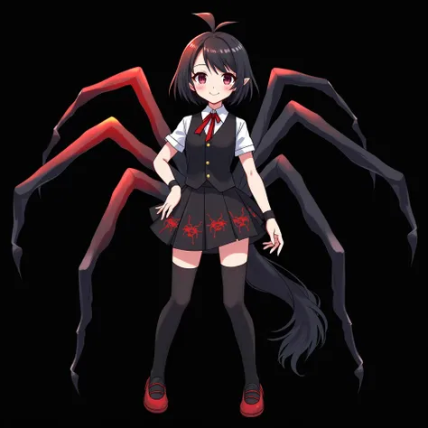 Anime girl、Short black bob、 asymmetrical hairstyle 、conjunctivitis、slanted eyes、Elf ears、 Black suit、Red ribbon on chest、 Black mini skirt with a hat like an ant、  red carousel on the hem of the skirt  、Black tights、Witchcraft 、 irresistible smile 、Low len...