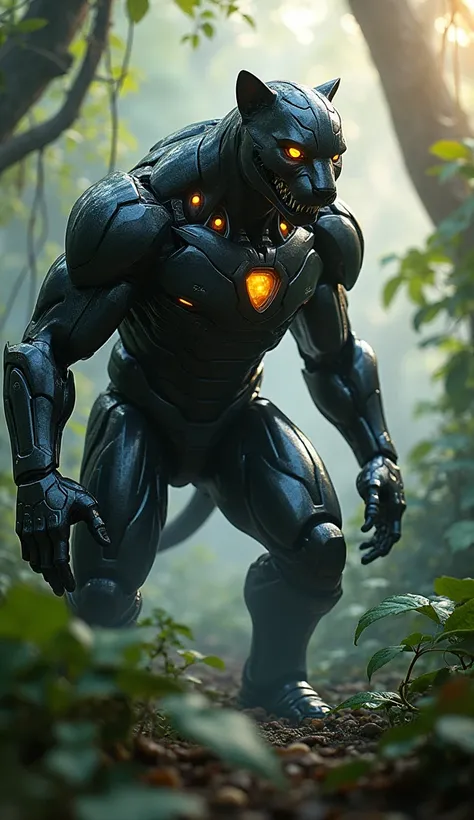 "Create a realistic, intimidating hybrid character that merges Iron Man and a jaguar. This character stands in a lush rainforest at dawn, surrounded by mist and vibrant green foliage. The armor has sleek, jaguar-inspired design elements with dark metallic ...