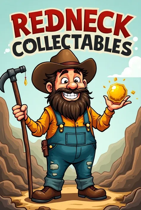 Cartoon hillbilly miner with pic axe and gold nuggets and the words RedNeck Collectables above him