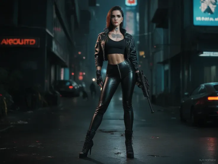 a cyberpunk white bad-ass girl, rogue spec-ops, deadly, assassin, full body view, thin and long neck tattoo, long soaked black straight hair, one side of the hair behind the ear that is facing the camera, standing from a far, holding a Barrett M82 .50 call...