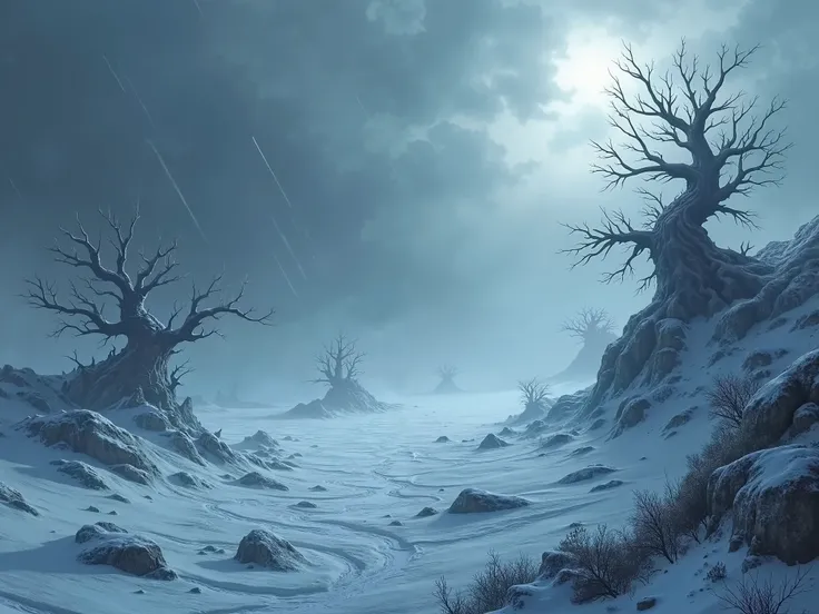 stunning view of a snowy ice plain with frozen trees during a snowstorm, darkness, dark fantasy, dramatic light, by Aitor Throup, forest at nigh