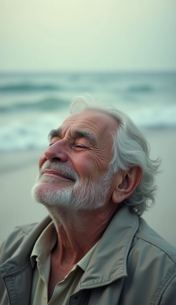 An older man was left with a smile while his eyes were closed on the blurry beach. 