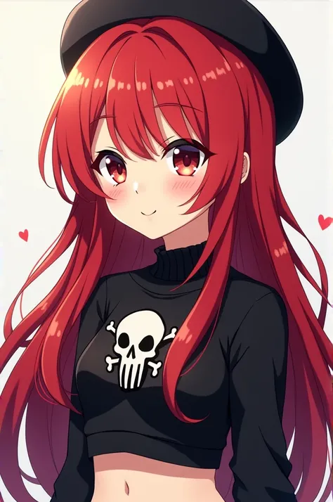 An 18-year-old anime girl with red hair and wears a short black shirt and a black shirt with a skull and a black sweater and a hat