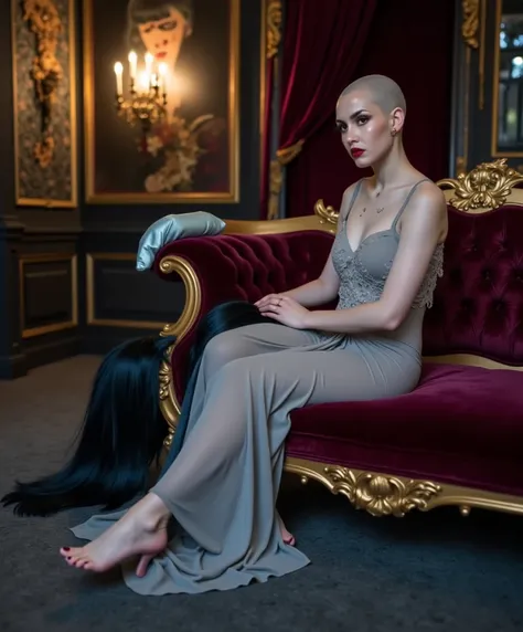 (She is looking at the viewer lovingly). the scene is a surreal, luxurious image of a (((completely bald woman))). ((Her bald head is smooth and without hair), she is sitting elegantly on a lavish, baroque-style couch with ornate golden carvings. She is dr...