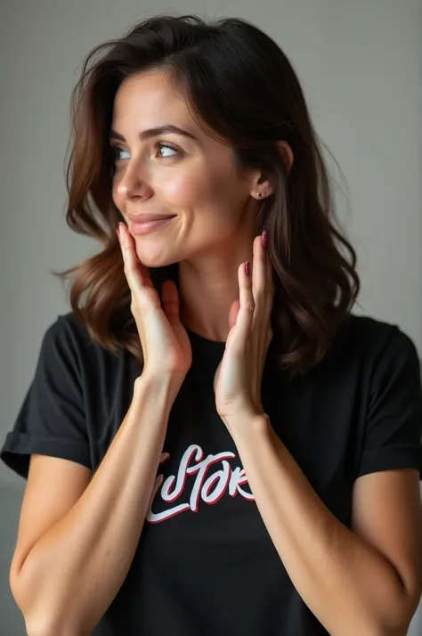 Woman 40 years old brunette with shoulder hair profile photo for TikTok she is holding her cheeks with a Tiktok T-shirt