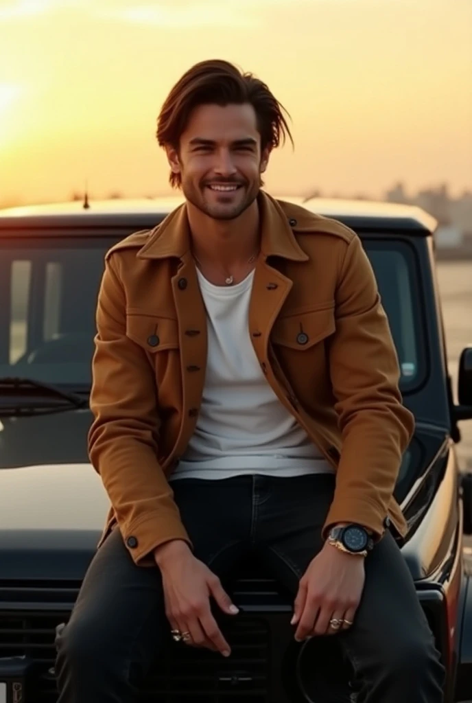 Create a male avatar in tan leather , attractive,  and straight black hair moved by the wind ,  black shoes and jeans with a white t-shirt,  smiling and seductively looking ,  also some luxury rings on his hands , sitting on the hood of a black Suzuki Jimn...