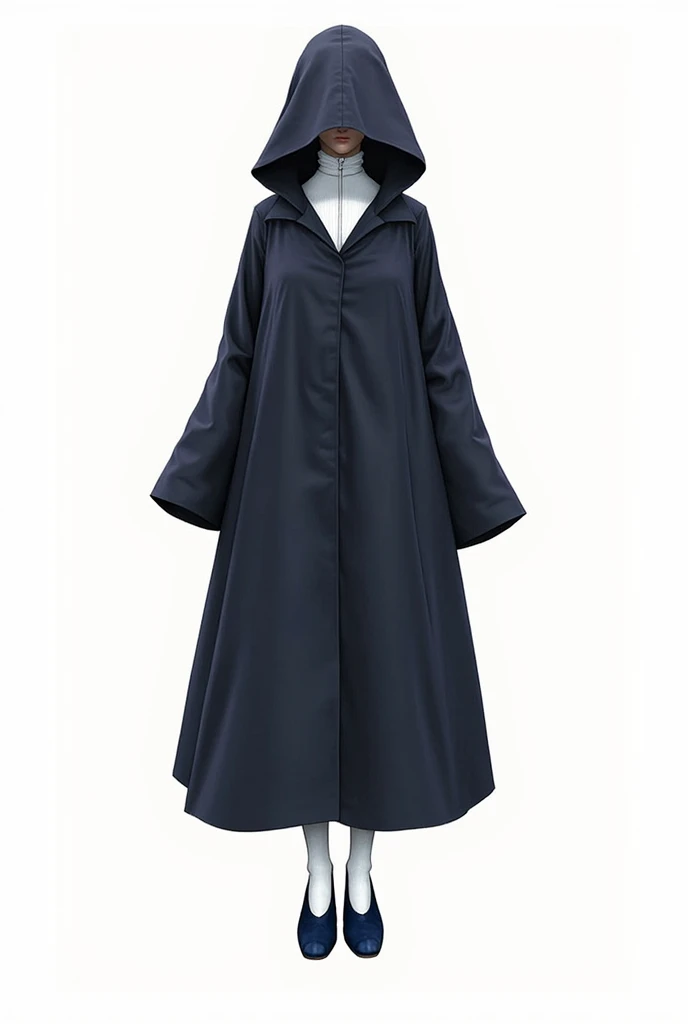 I need to generate the same character reference image but complete with long white tights and dark blue shoes and the collar of the blouse is a turtle, the robe covers the entire uniform, only the neck can be seen