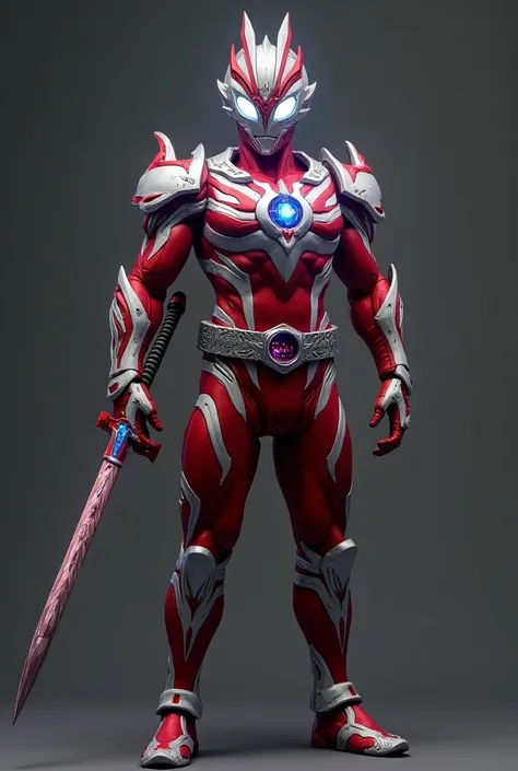 create an ultraman figure, with garuda motifs on the chest, but the motif is made simpe with red and gold colors, the body part has shades of red and silver, with the ring in the middle of his chest as a color timer in blue, add blue and purple in the body...