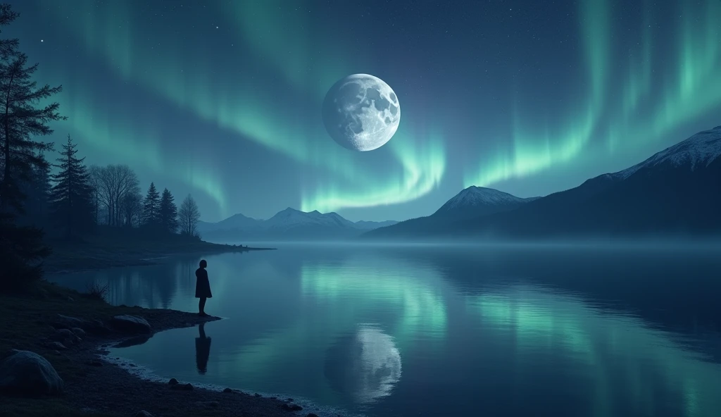 The Moon in Aquarius over a quiet lake, the reflection of the Moon and Saturn creating a somber, quiet mood. A person is seen contemplating by the water’s edge, with faint aurora lights illuminating the sky. The scene feels tranquil yet deep, inviting refl...