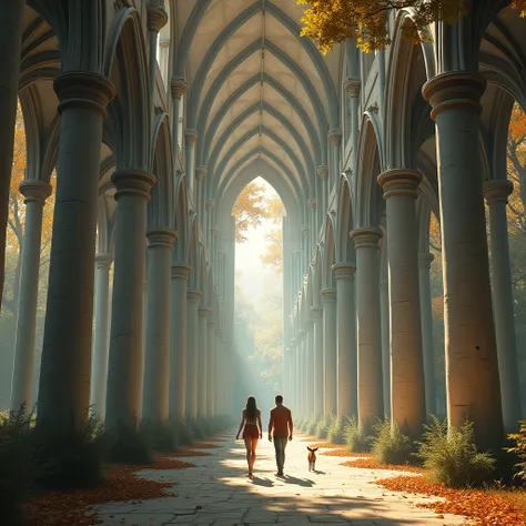 

"Creation of a photorealistic image of a cathedral nestled in an autumn forest. The columns are made from very tall birch trees. 

"Image of the interior of a Gothic-style cathedral. With high aisles and the pillars are tree trunks. In the center of the ...