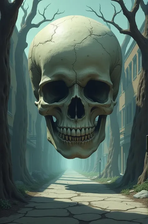 Create a full-length skull on a deserted street with shady, cartoon-style trees