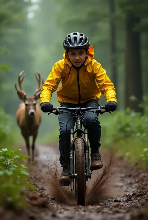 "A young, energetic cyclist in a bright yellow rain jacket is racing through a muddy forest trail as unexpected wildlife—a deer—dashes across the path. The cyclist, startled, swerves to avoid it, barely managing to stay balanced. The scene captures the int...