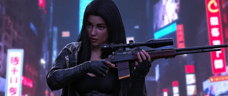 a cyberpunk white bad-ass girl, rogue spec-ops, deadly, assassin, full body view, thin and long neck tattoo, long soaked black straight hair, one side of the hair behind the ear that is facing the camera, standing from a far, holding a Barrett M82 .50 call...