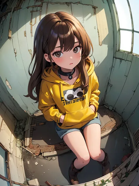 ((Highly detailed CG unit 8k wallpaper, masterpiece, High resolution, highest quality)), (girl sitting , long brown hair, Wearing a yellow hoodie:1.2, hands in pockets:1.5, street fashion, Wearing micro mini shorts:1.2, wearing boots:1.2), ((Highly Detaile...