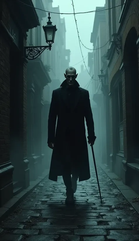  help me generate an illustration of Jack the Ripper walking through the alleys of London in a gloomy environment, Give Jack a look but with a cold personality 