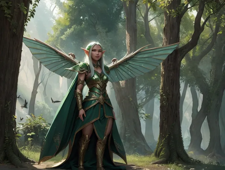 1 elf, mu online, natural atmosphere, good lighting, semi -realistic image, in front, wings on its back, elf wings, with green armor.