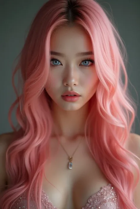 pink long hair instagram influencer using a pretty dress, close up photo of face, asian and western mixed genre, blue eyes, sexy female, foxy makeup, smiling, professional photo