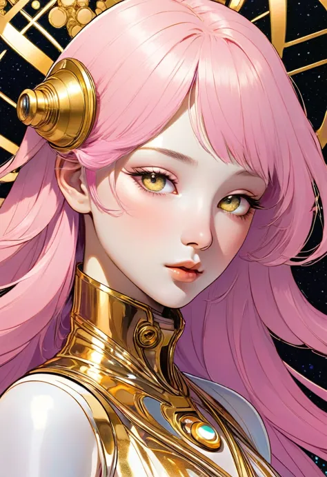 ((best quality)), ((masterpiece)), (detailed), perfect face of cyberpunk mecha japanese girl, shiny gold eyes, shiny gold body, ...