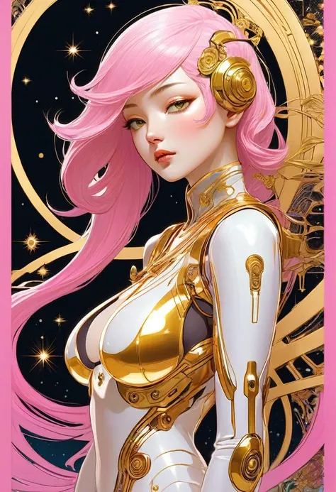 ((best quality)), ((masterpiece)), (detailed), perfect face of cyberpunk mecha japanese girl, shiny gold eyes, shiny gold body, shiny gold hair, ((monochromatic metallic gold color palette)), surreal, art nouveau, in the illustrative style of moebius, spac...