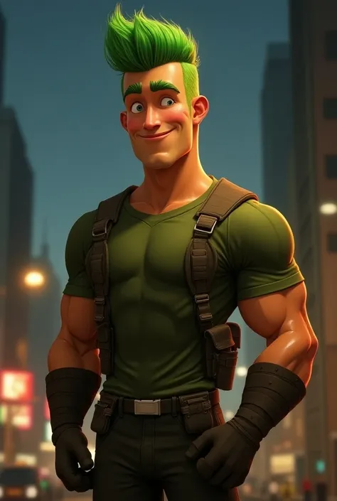 "Create a Disney/Pixar-style mascot of a 42-year-old man with striking green hair, average height, and an athletic build. He wears an olive green military-style t-shirt and tactical vest, with a look that combines strength with a touch of comedy characteri...