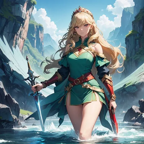 Masterpiece, HD, High Resolution, Best Quality, High Quality, High Details, Super Detailed. High fantasy genre, fantasy artwork. Solo character alone.
{{(A 19-years-old human-girl warrior:(appearance: fair skin. Curly-blonde-hair. Red-eyes. Beautiful face....