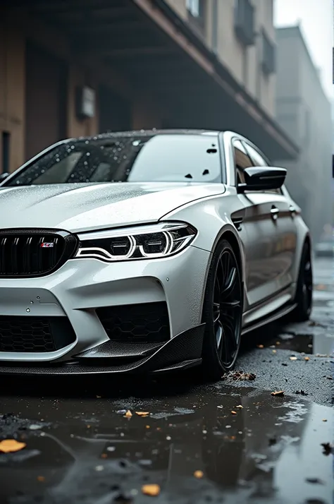 BMW m5 f90 in a white carbon case with broken glass