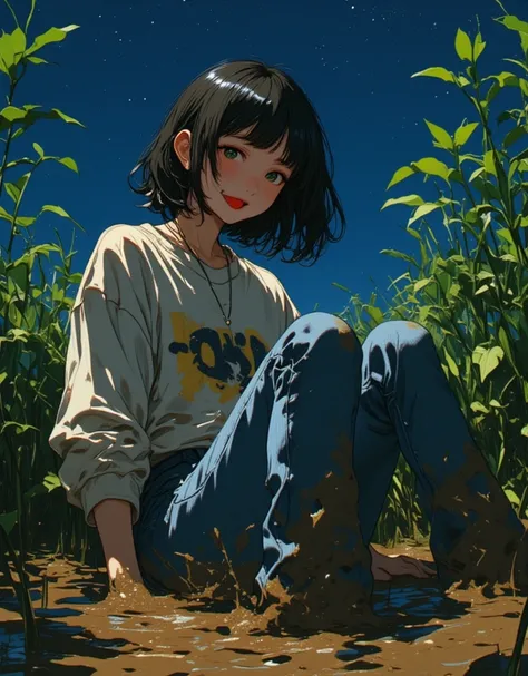 woman, sweatshirt and skinny flared levis muddy jeans ,drowning in mud bog, green brown reeds, duckweed, night, stars sky, red lips, deep knee siting, bang-cut, close-up, side view, 