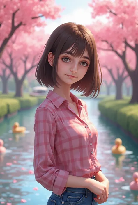 a brunette girl with a medium bob haircut, wearing a pink checked shirt and denim jeans, smiling, near a pink flower tree, with a river and ducks around her, and a boat in the river, (best quality,4k,8k,highres,masterpiece:1.2),ultra-detailed,(realistic,ph...