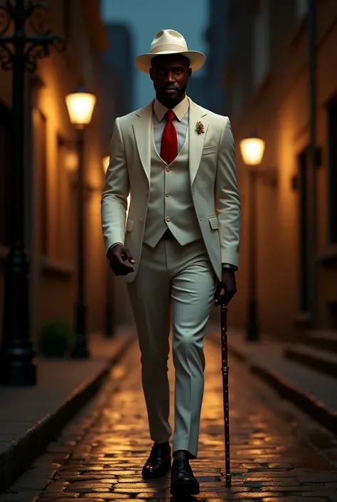 black man, thin, the white suit, Red tie, white Panama hat , a red and white cane ,  walking down a 19th century street, at night