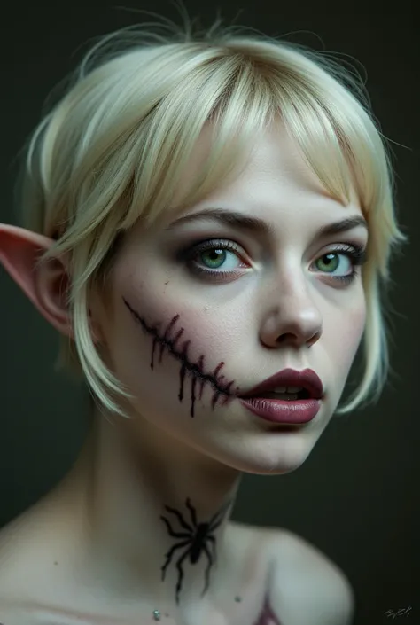 Create the image of a very white woman , green-eyed, with pointed elf ears,  short blond hair with bangs on the side , very dark makeup, with a spider tattoo on the mouth , WITH FRECKLES,  a very large scar in the middle of the face,  with piercings and an...